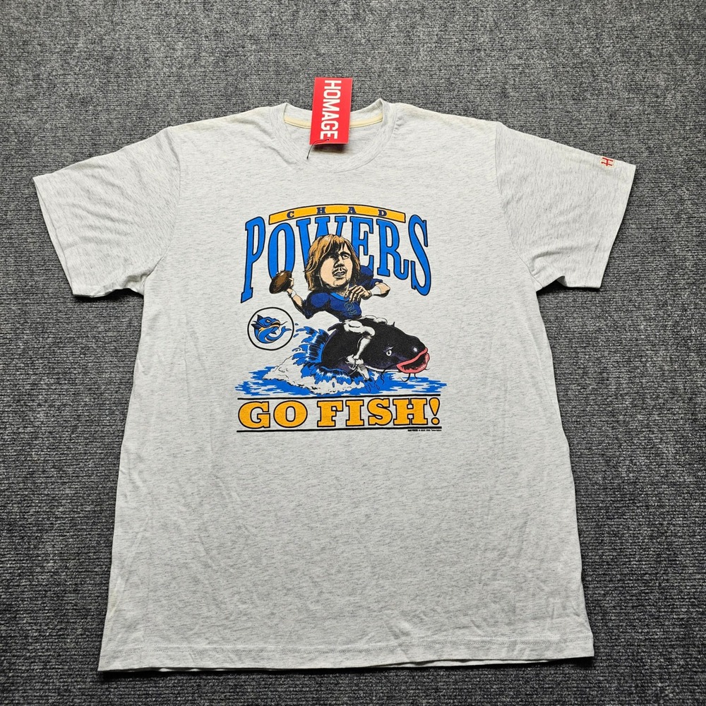 Homage Chad Powers Go Fish Graphic T-Shirt Mens Large Gray Eli Manning NWT
